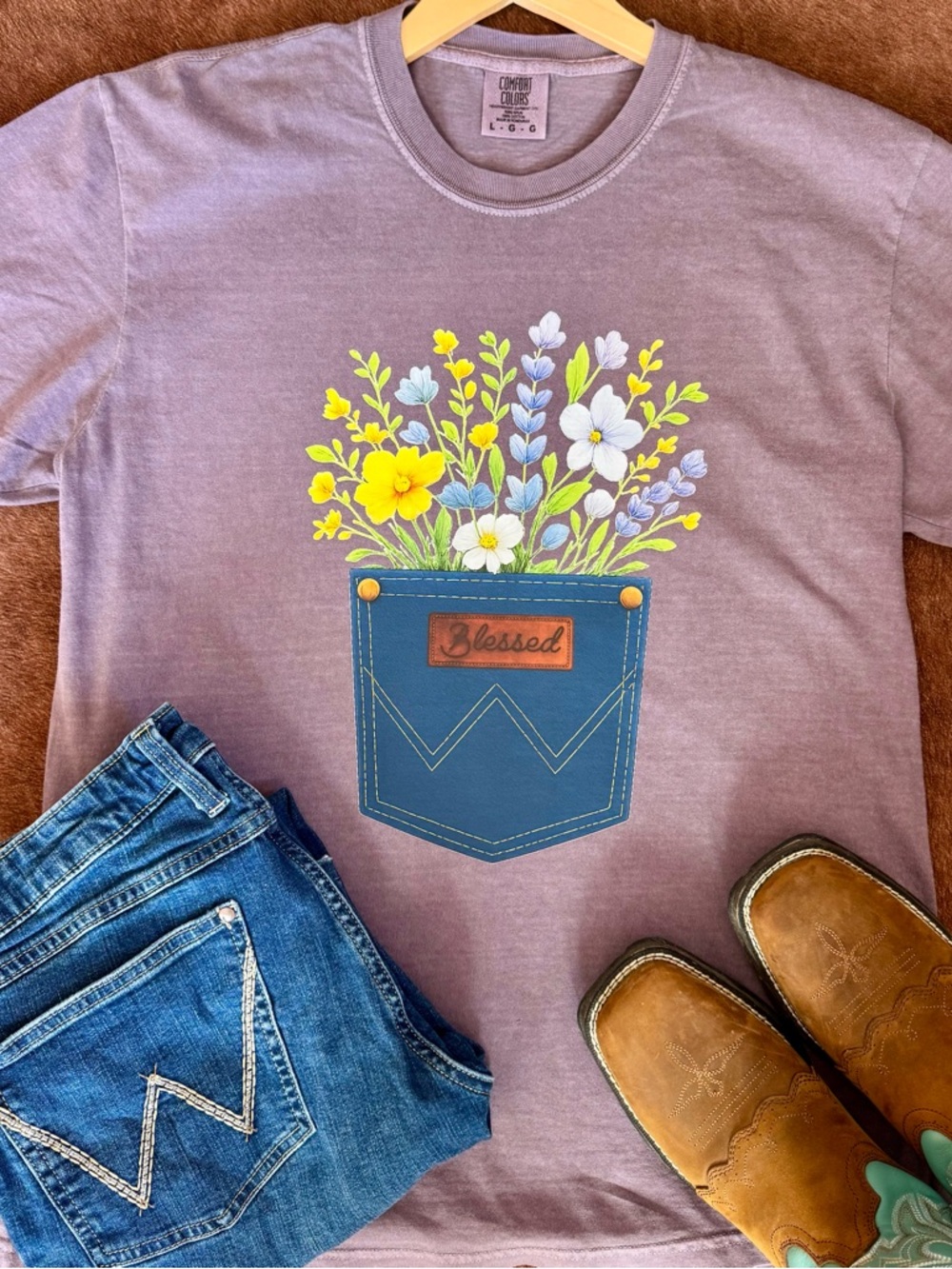 Lavender Tee with Blue Pocket & Yellow Floral Print